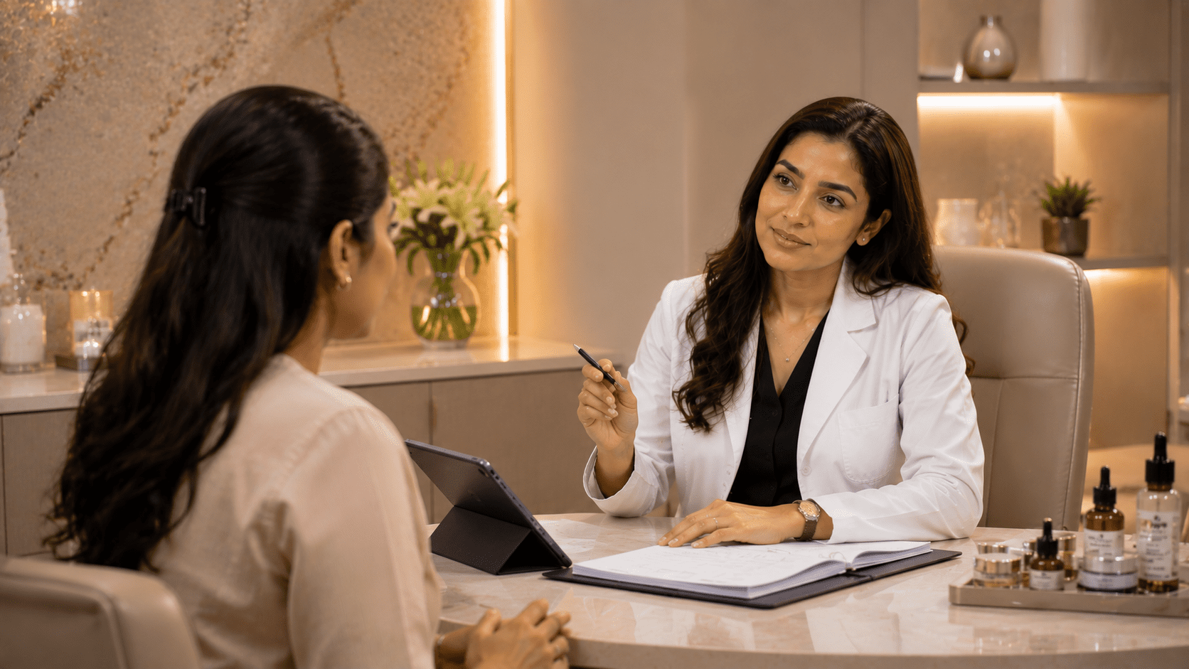 Dermatologist explaining realistic treatment outcomes to a patient