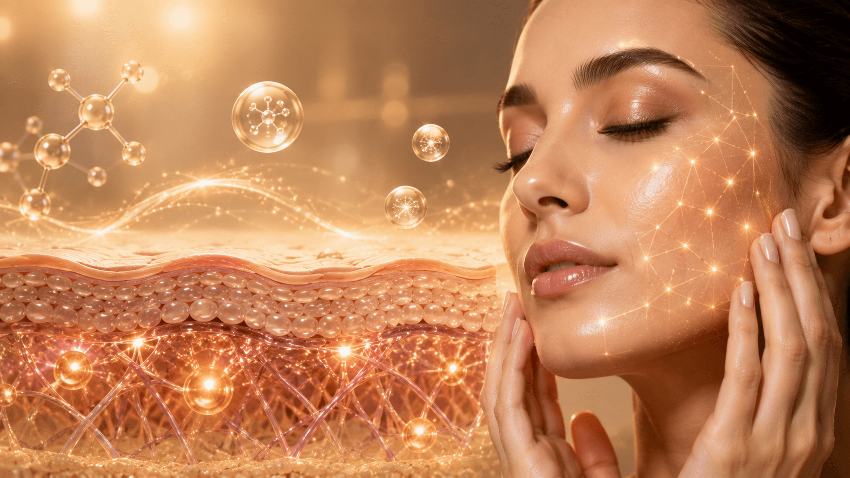 Radiant skin with a glowing collagen network representing mid-treatment progress