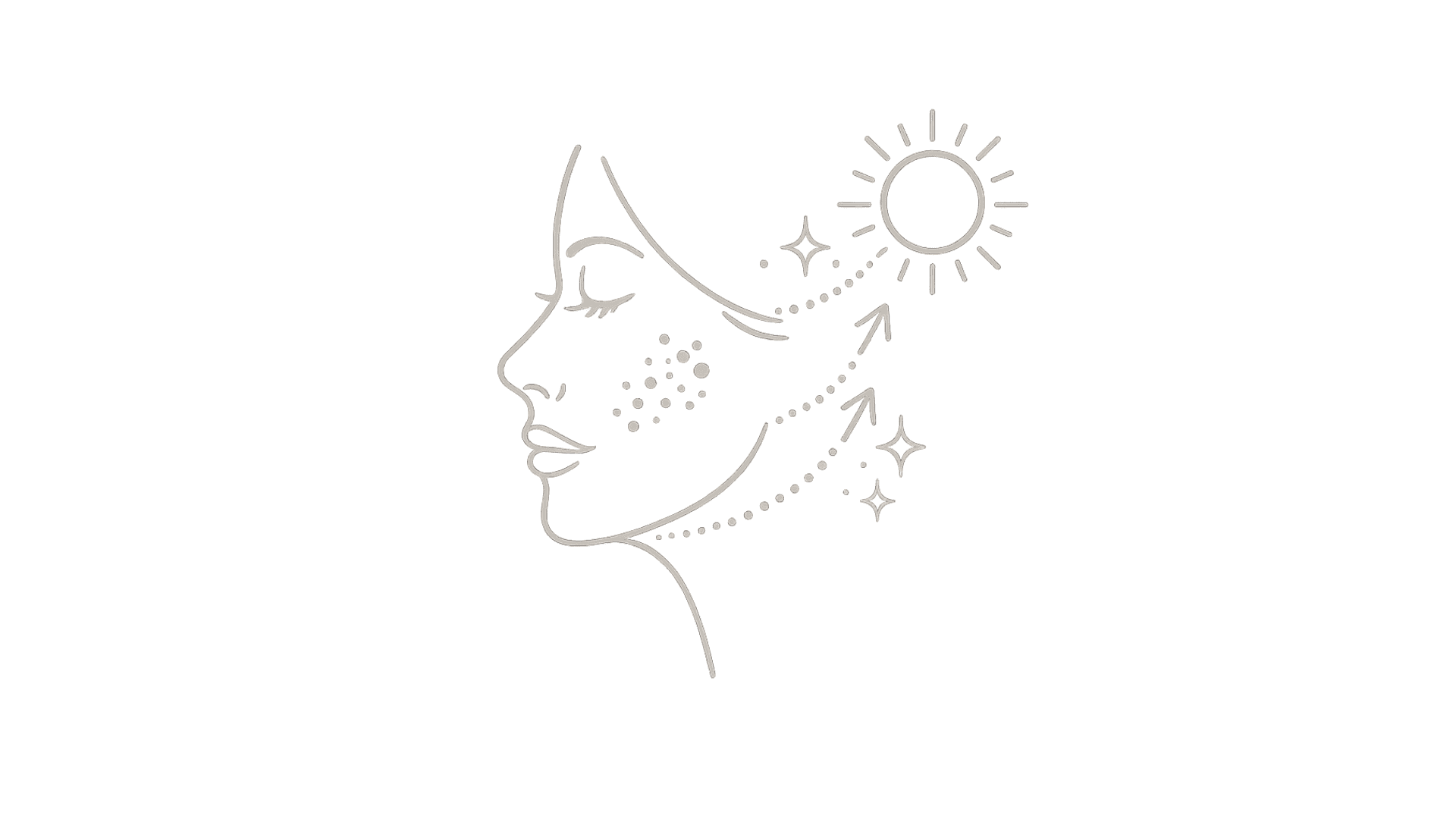 Line illustration of a face with dark patches representing pigmentation and sun damage