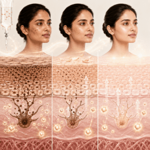 Infographic showing progressive skin brightening across glutathione IV treatment cycles