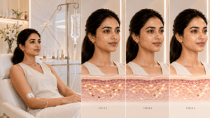 Illustration of skin radiance improvement during cycles 1 to 3 of glutathione IV therapy