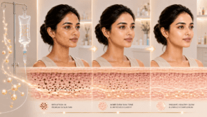 Illustration of pigmentation reduction during cycles 4 to 6 of glutathione IV therapy