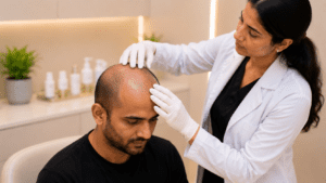 Completely bald scalp area with no viable hair follicles