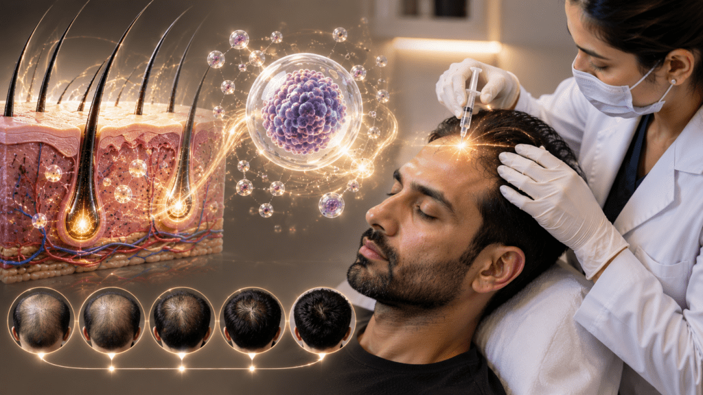 Doctor applying combined scalp treatment with follicle activation energy shown above the patient's head