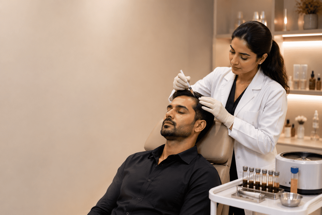 Doctor treating a seated patient's full scalp with PRP injection tray nearby