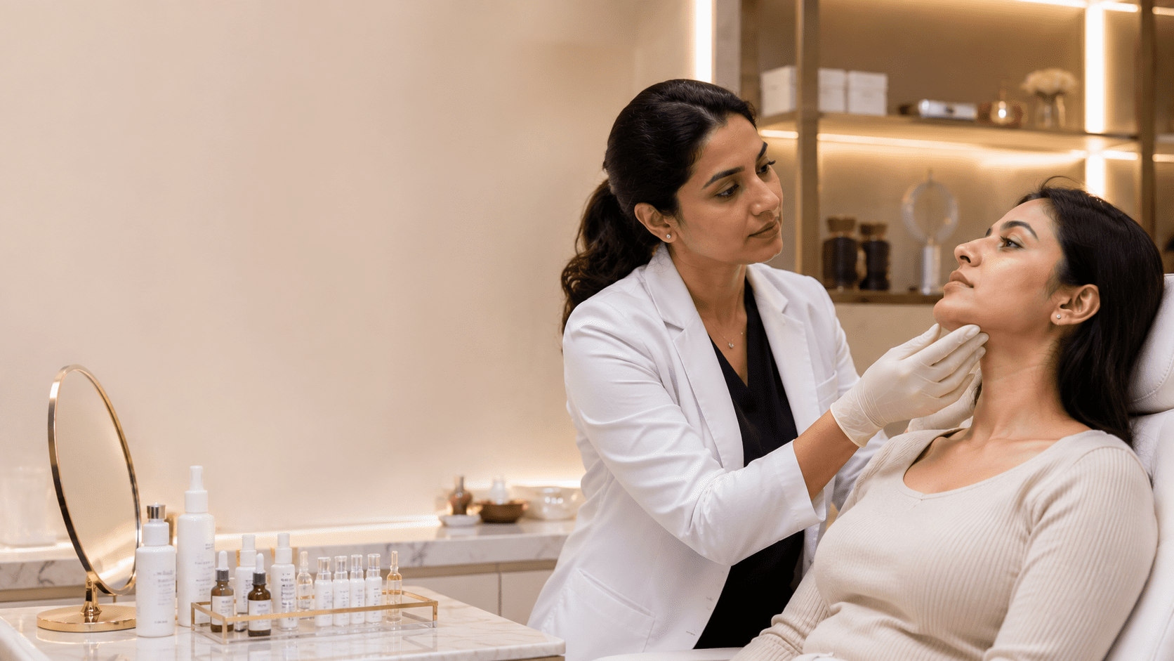 Cosmetic specialist selecting the appropriate double chin treatment based on clinical assessment findings