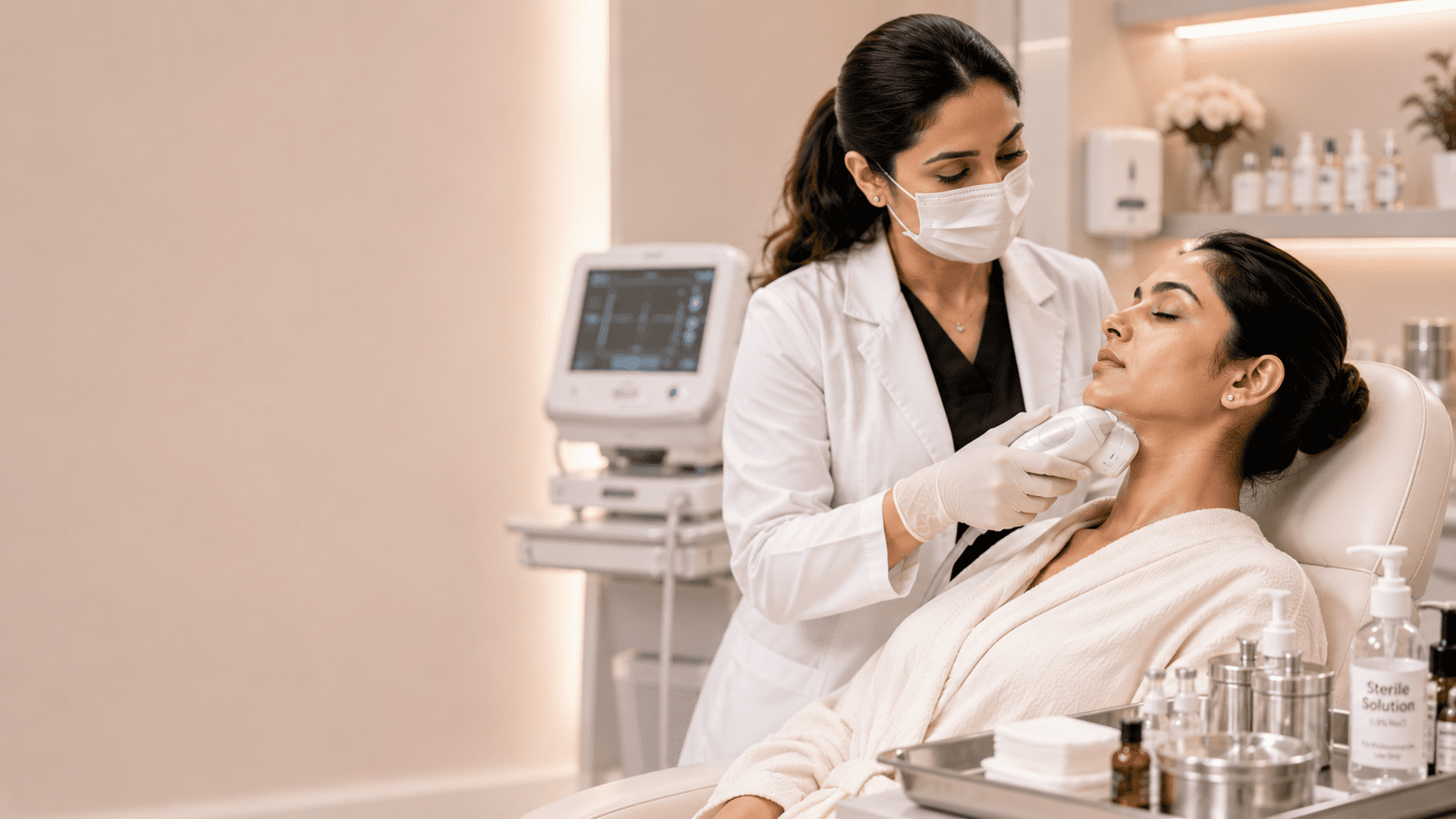 Doctor discussing realistic double chin reduction outcomes with a patient during consultation at Brilliance Cosmocare