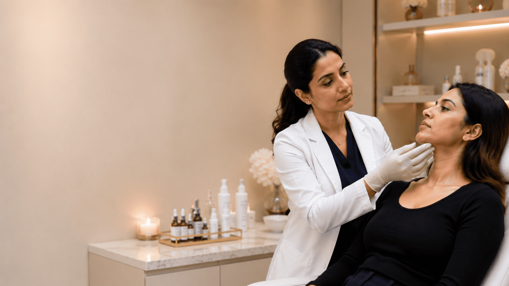 Patient receiving comfortable non-surgical chin treatment with anaesthesia or cooling applied for pain management