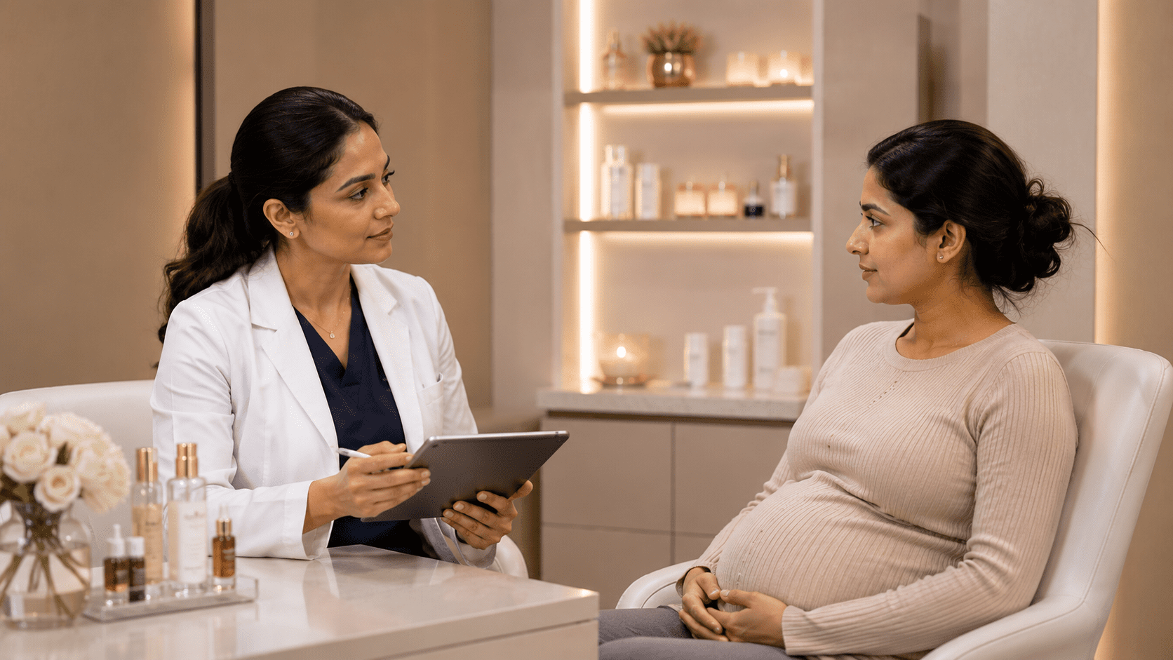 Medical consultation illustration representing contraindication for double chin treatment in pregnant or breastfeeding women