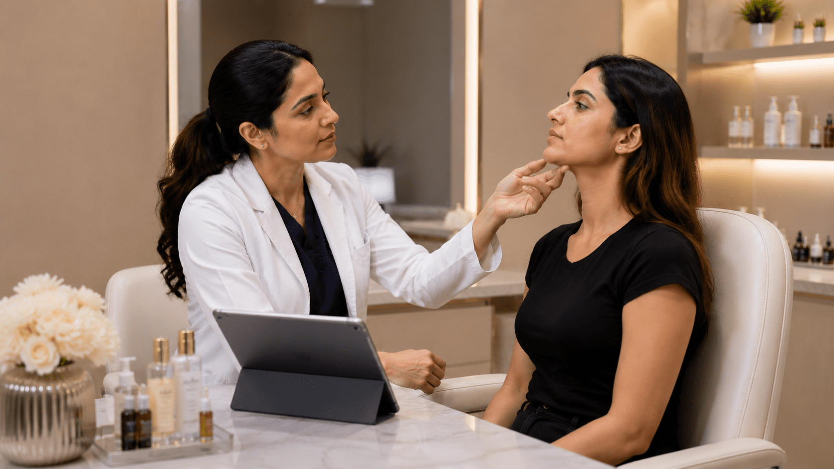 Consultation image representing severe platysmal banding or skin excess cases that may require surgical double chin treatment