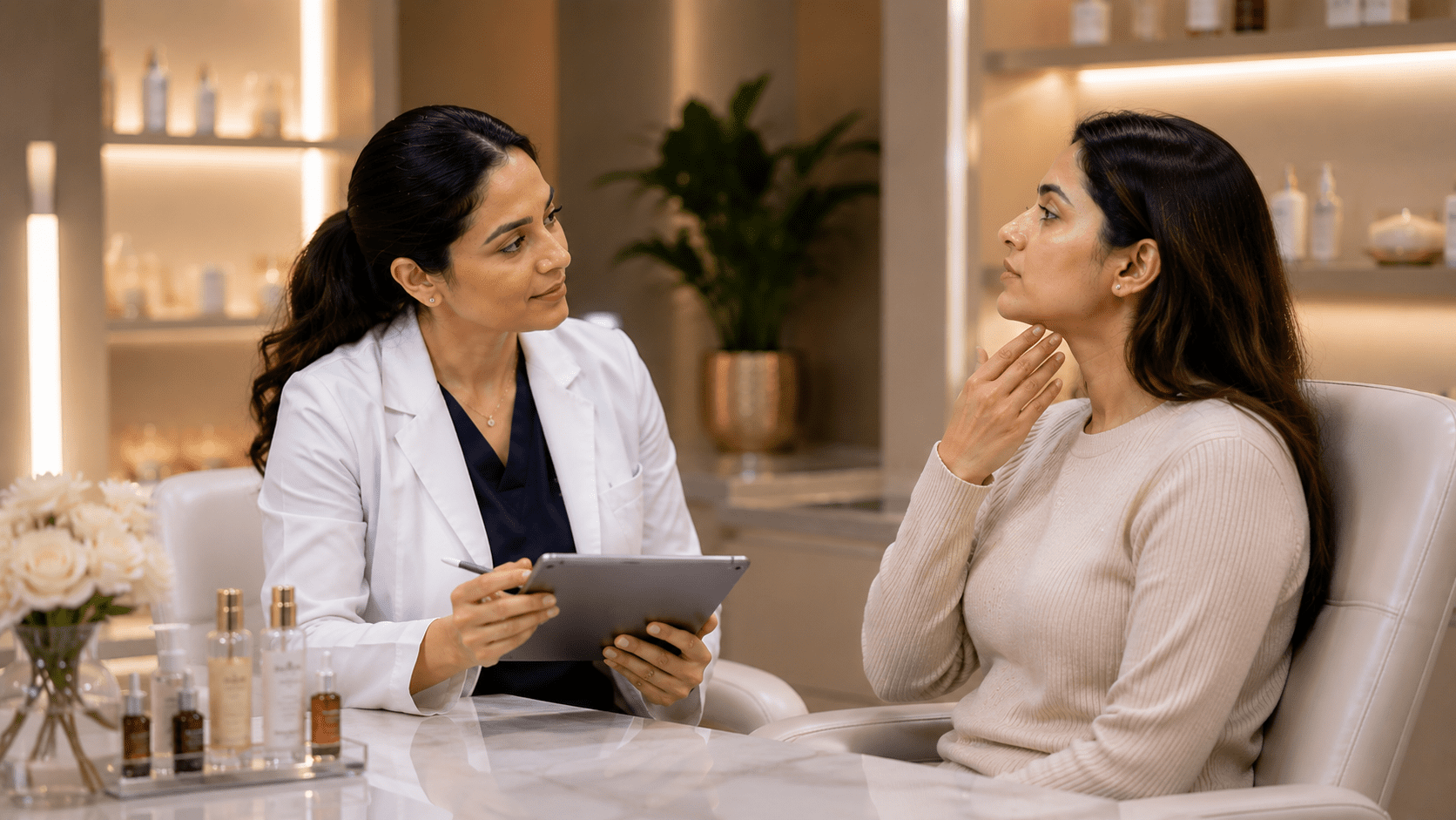 Medical consultation image highlighting difficulty swallowing as a contraindication for deoxycholic acid double chin injections