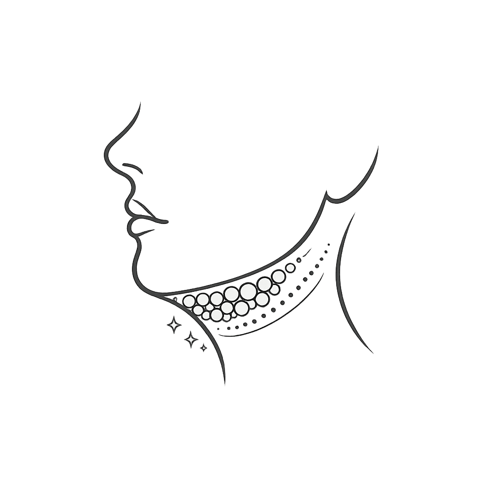 Minimalist line art icon of a side facial profile with submental fat deposits illustrated beneath the chin