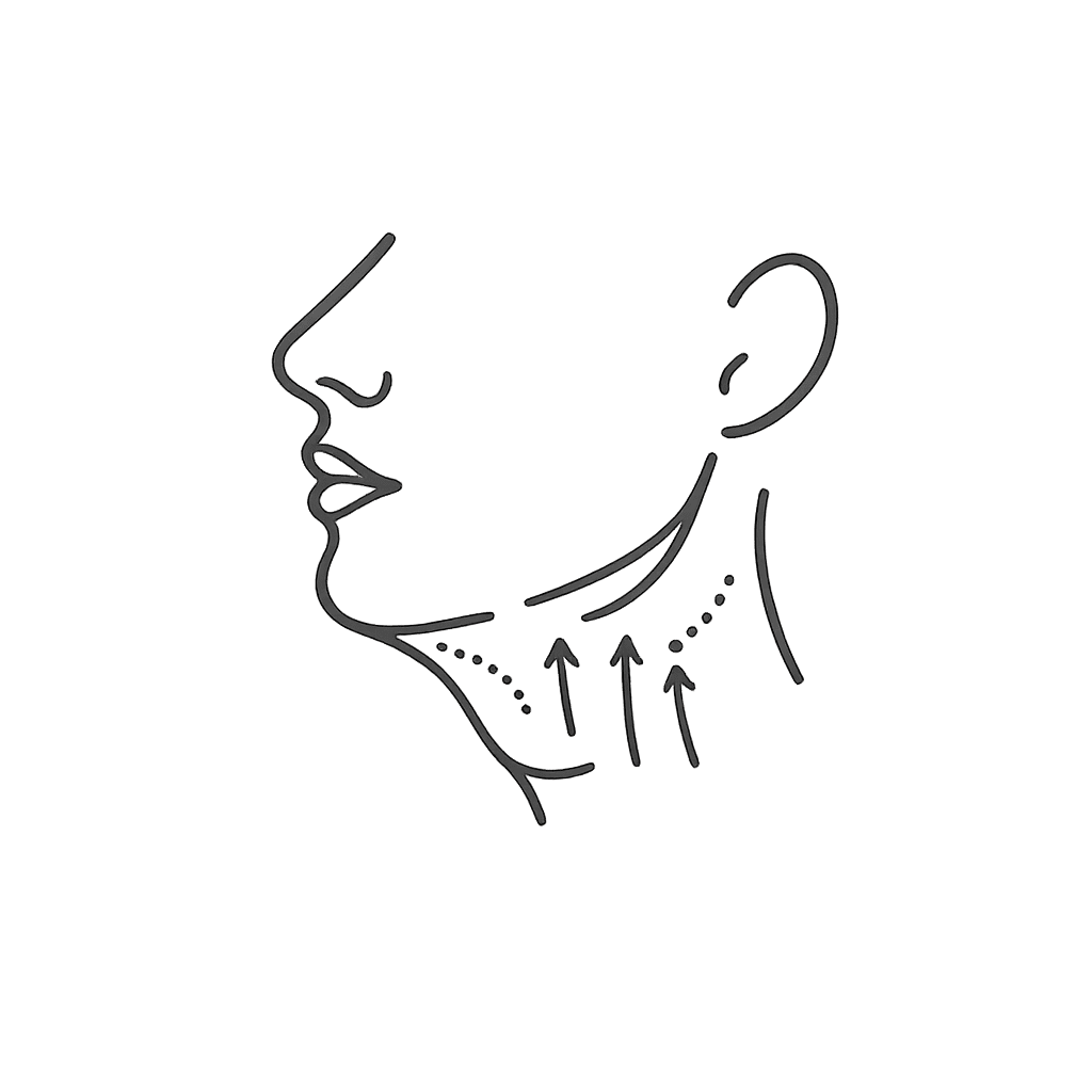 Minimalist clinical icon showing age-related sagging skin and submental fullness beneath the chin in a facial profile illustration