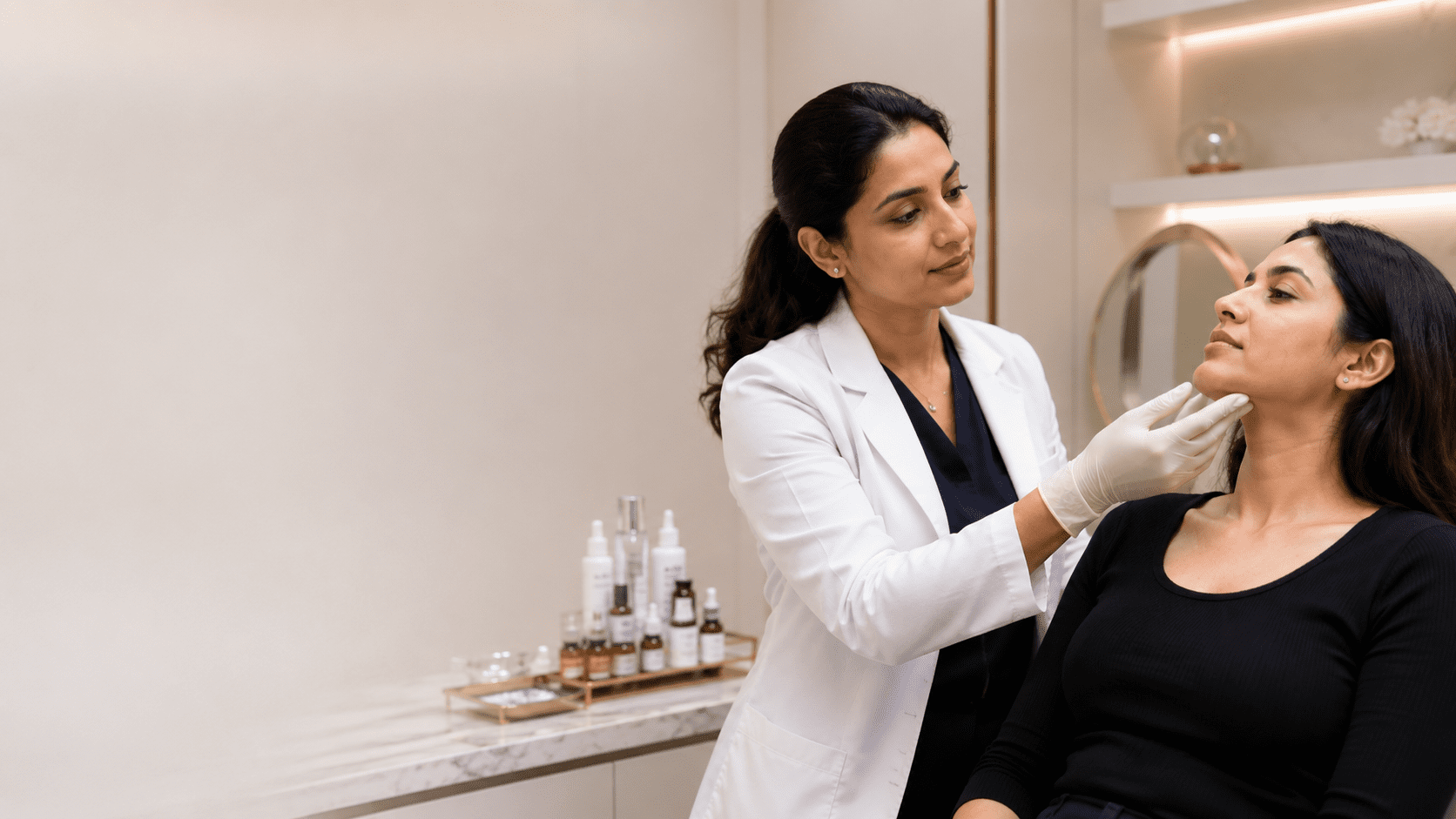 Doctor performing a comprehensive submental assessment to evaluate chin fat and skin laxity before double chin treatment