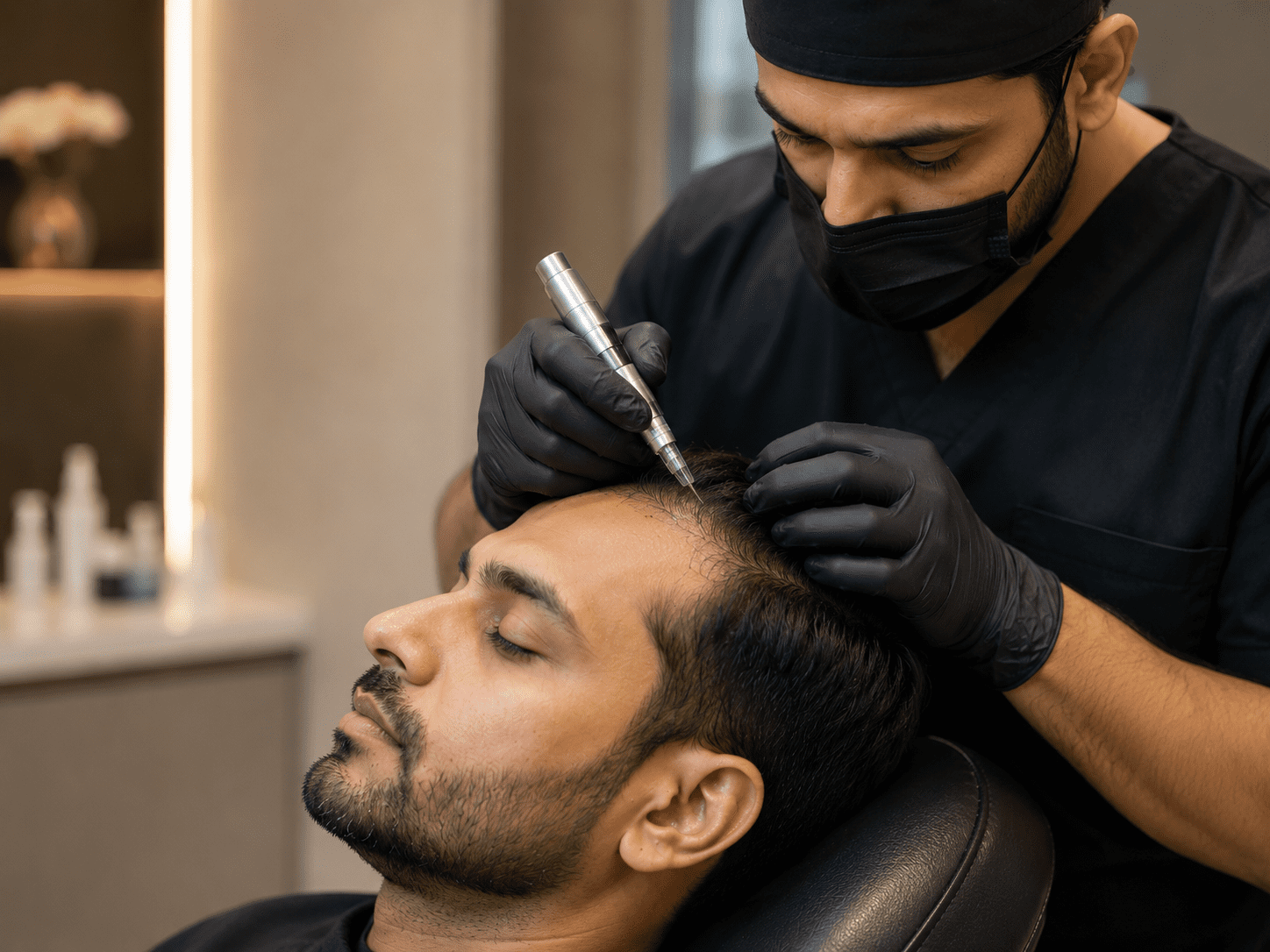 Surgeon controlling graft angle and depth during direct hair implantation