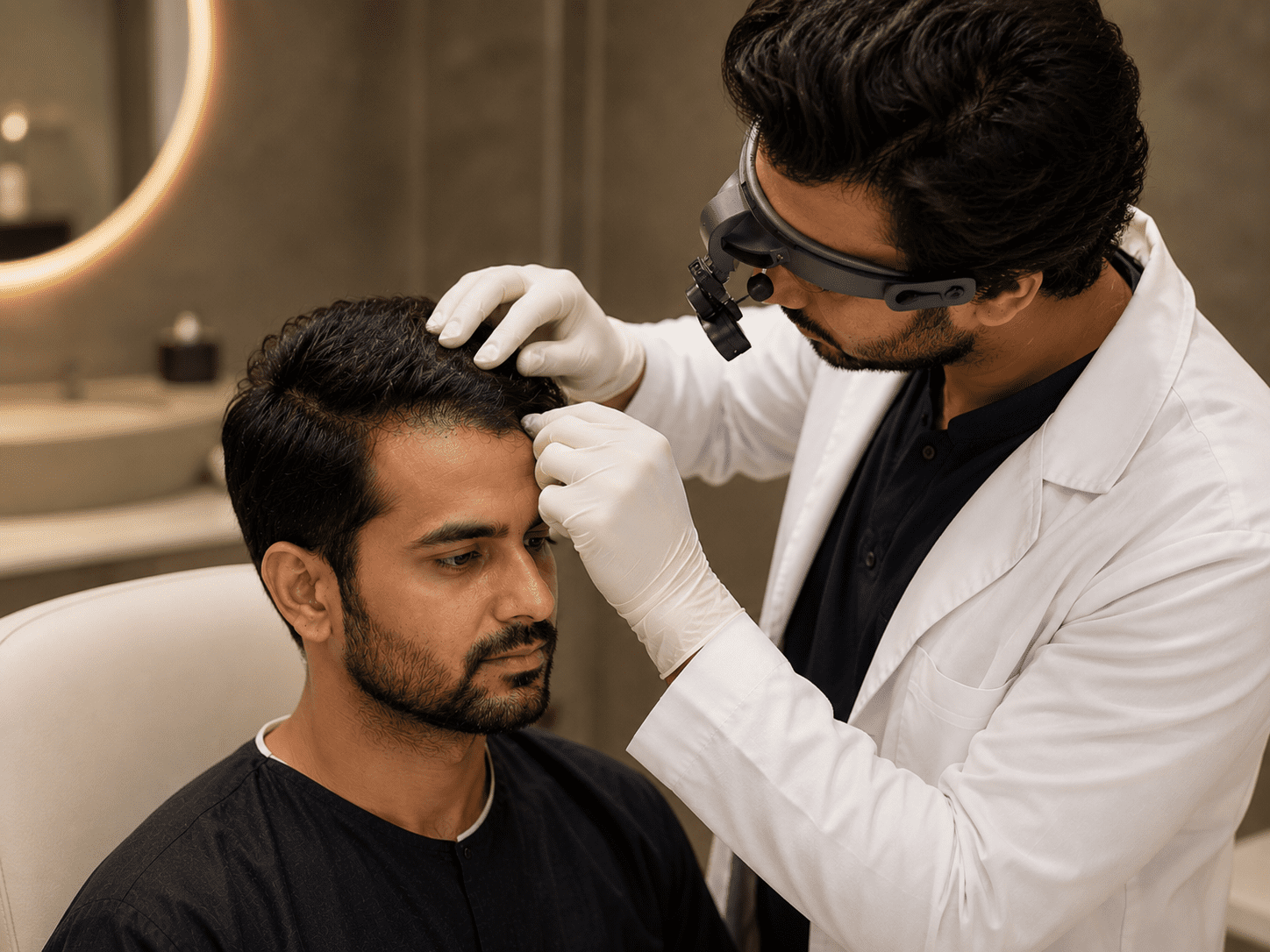 Doctor reviewing graft placement with a patient during post-operative assessment