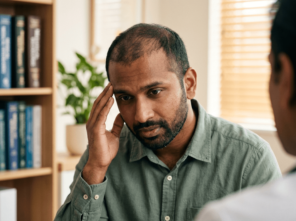 Doctor evaluating a patient's donor area hair density during a DHI consultation