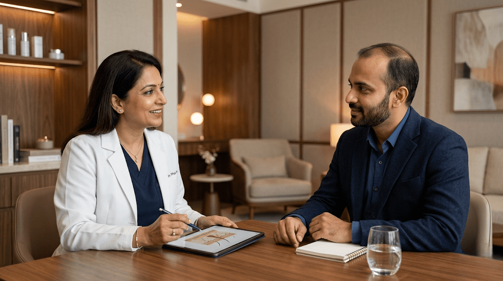 Doctor examining a patient's scalp for signs of infection before a DHI procedure