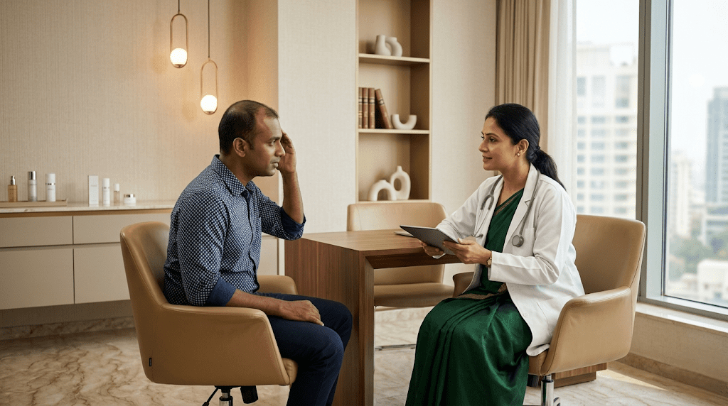 Doctor examining donor area hair pattern to check for diffuse unpatterned alopecia