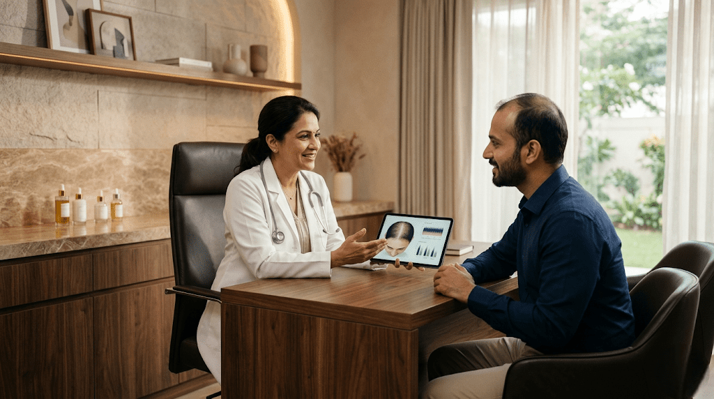 Doctor discussing realistic outcomes with a patient before a DHI hair transplant