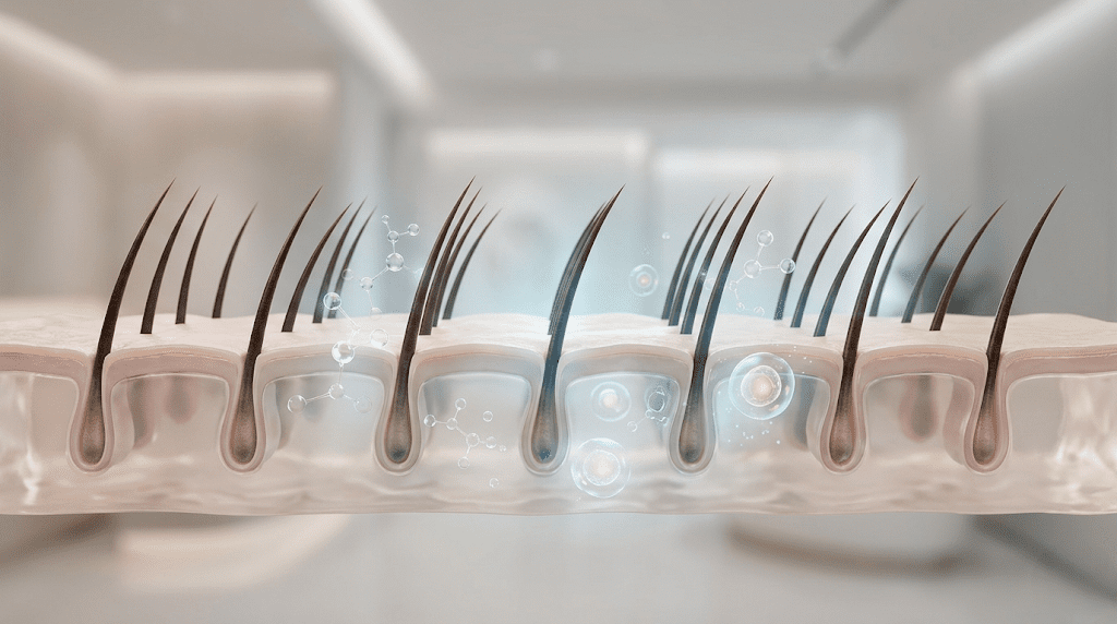 Scalp visualization showing new hair growth emerging months after a DHI transplant