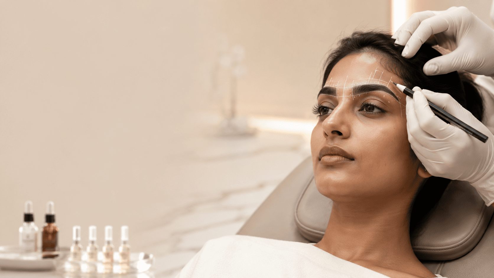 Surgeon marking eyebrow design on a reclining patient in a premium clinic setting