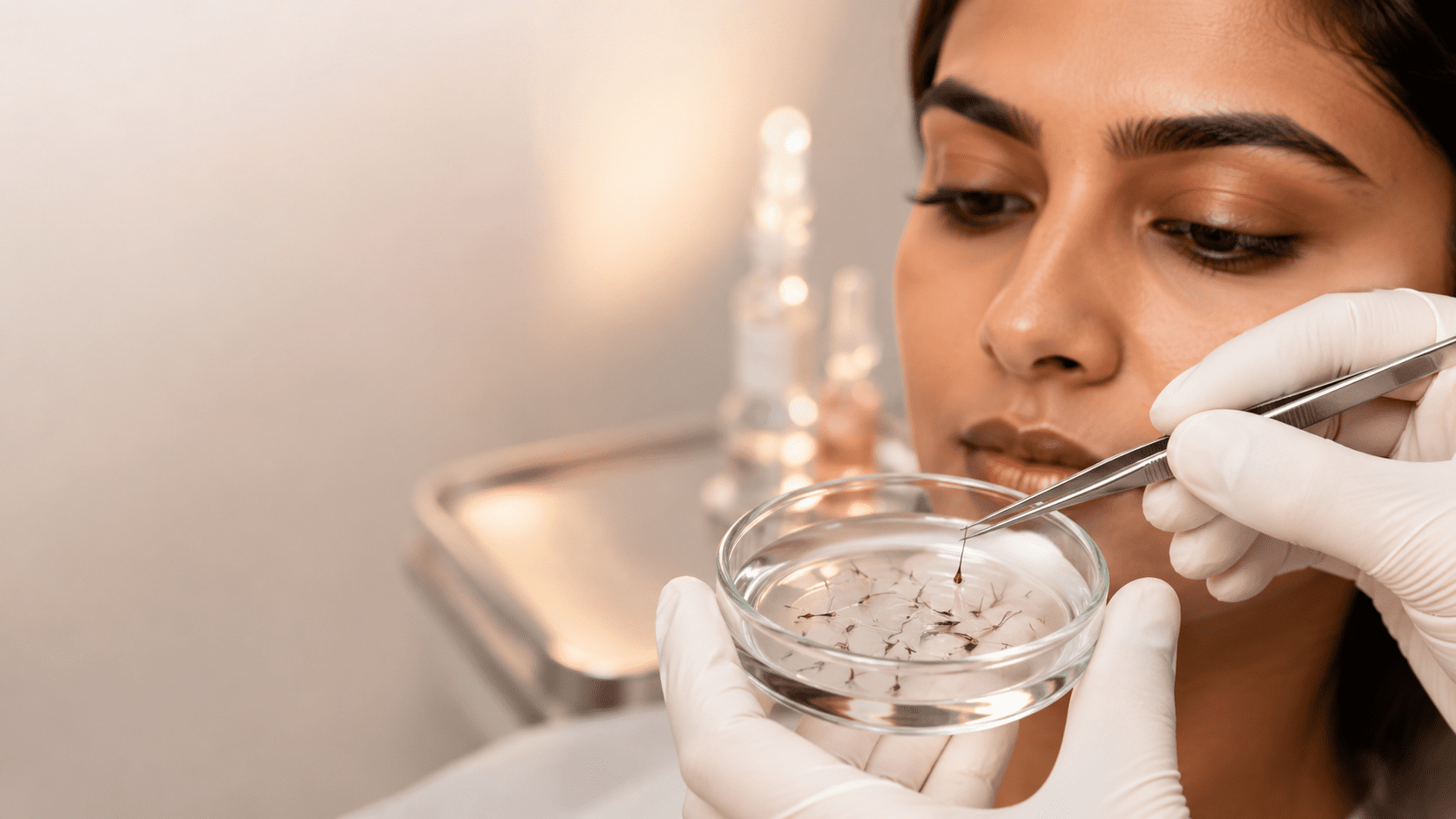 Clinician placing hair grafts into a preservation solution during eyebrow transplant
