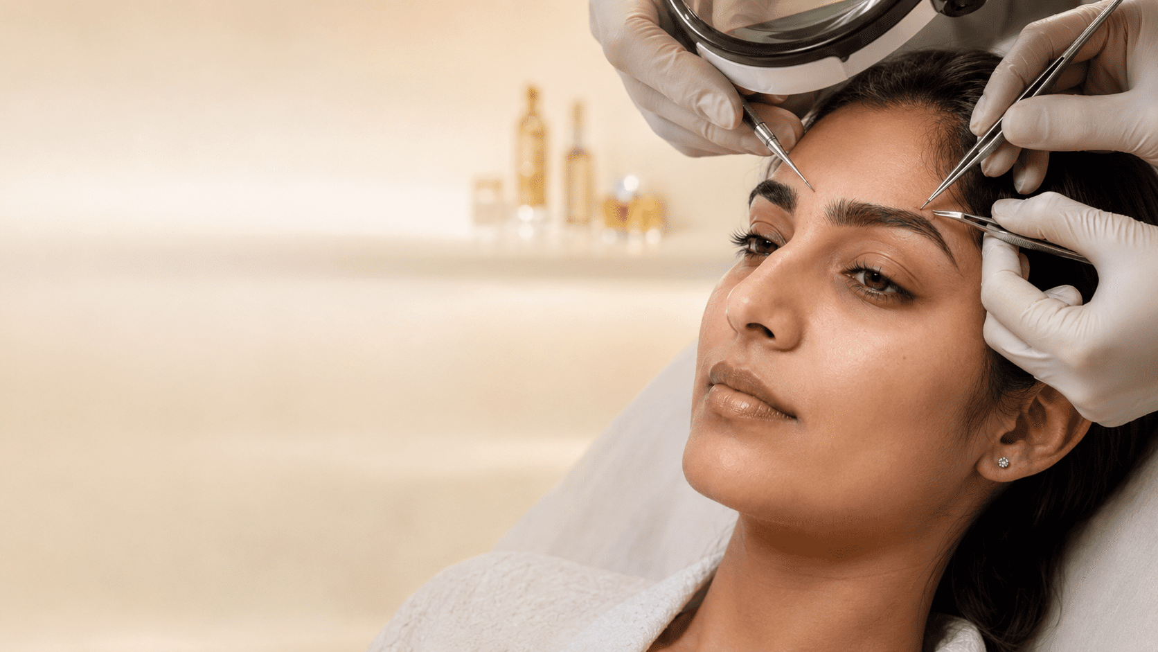 Surgeon placing individual hair grafts into a patient's eyebrow under magnification