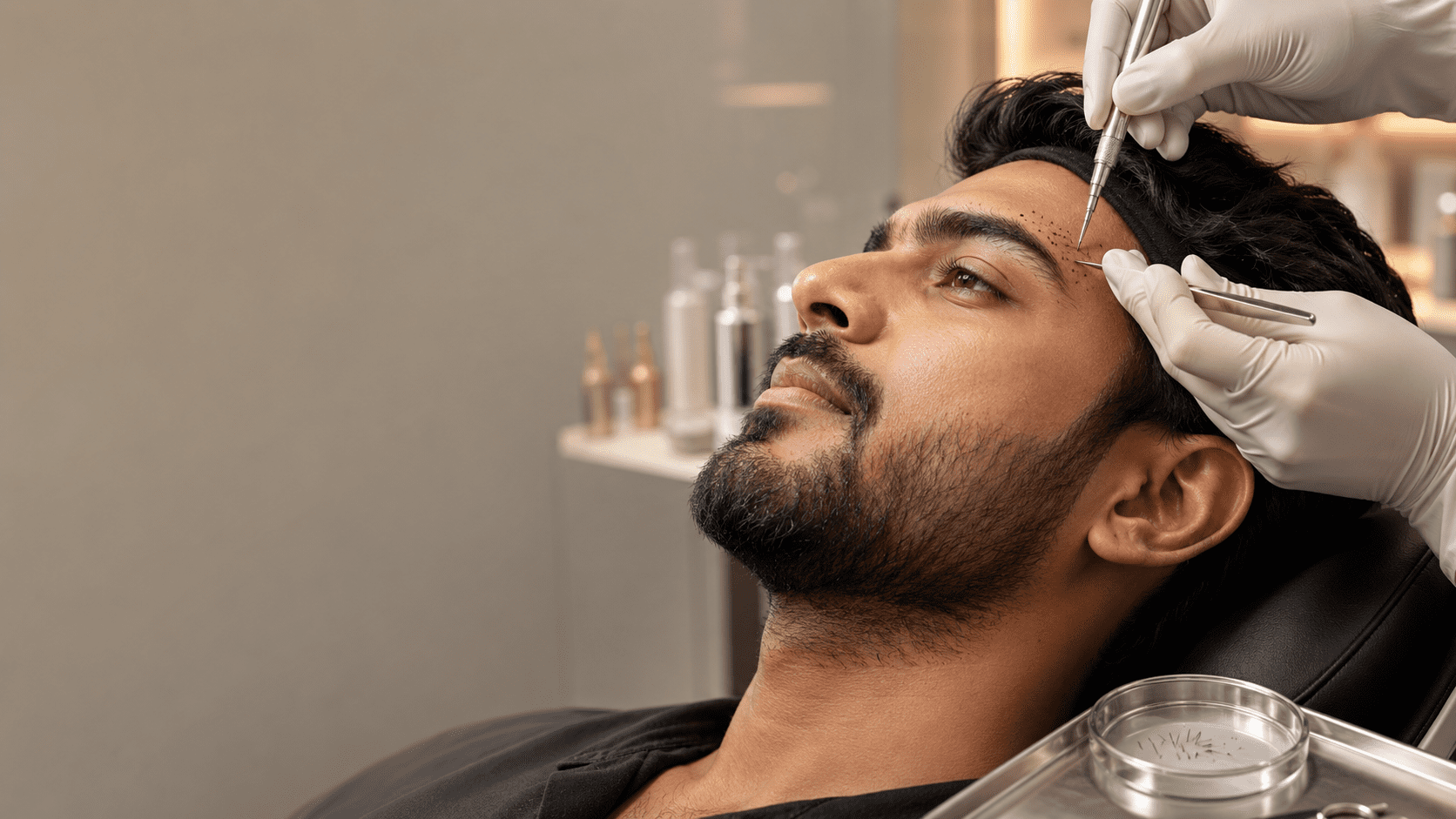 Surgeon creating micro-incision recipient sites on a male patient's brow area