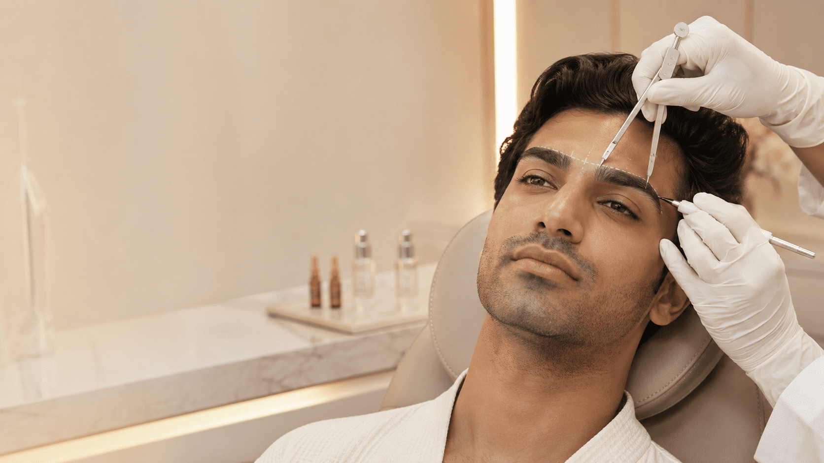 Surgeon checking eyebrow symmetry on a male patient during transplant
