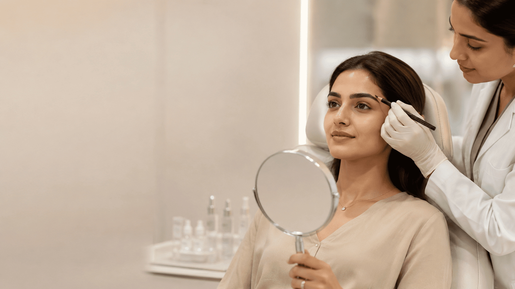 Patient viewing results in a mirror during post-procedure eyebrow assessment