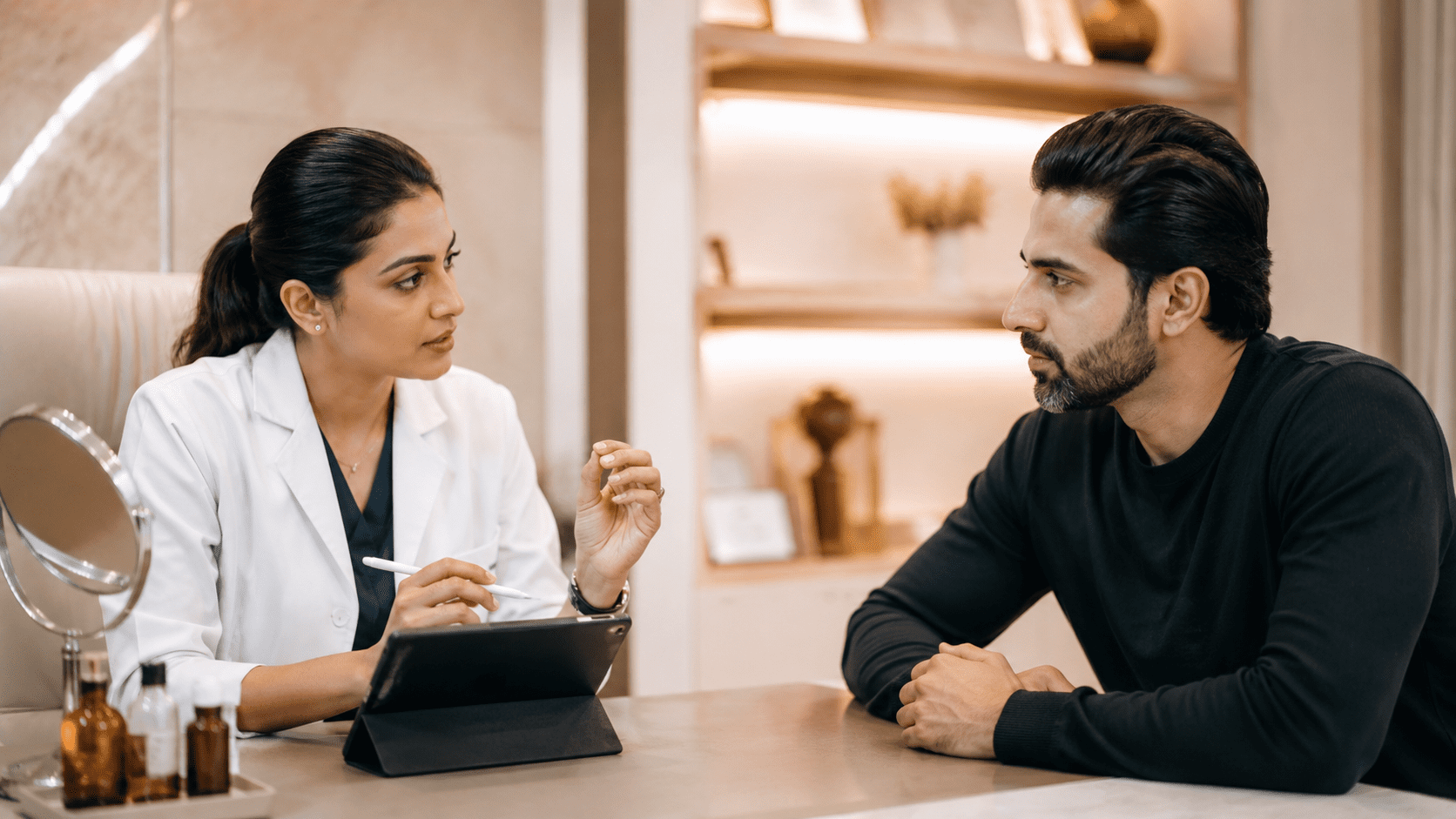 Doctor consulting with a male patient about eyebrow hair transplant eligibility