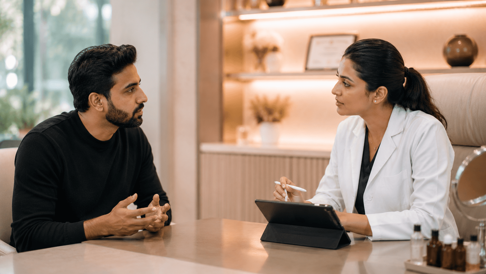 Male patient discussing hair pulling history with a doctor during consultation