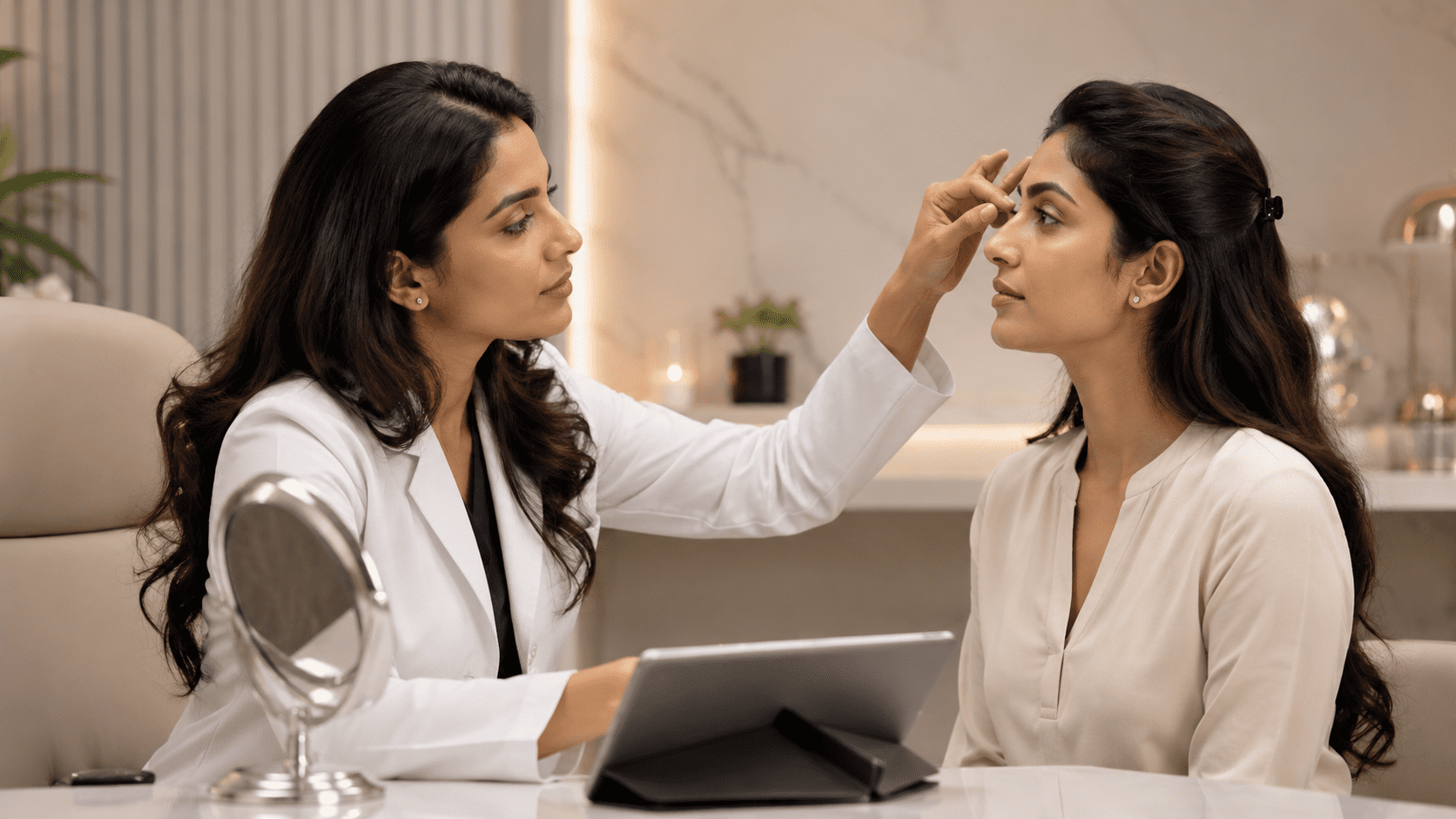 Doctor closely examining a patient's brow skin for signs of irritation