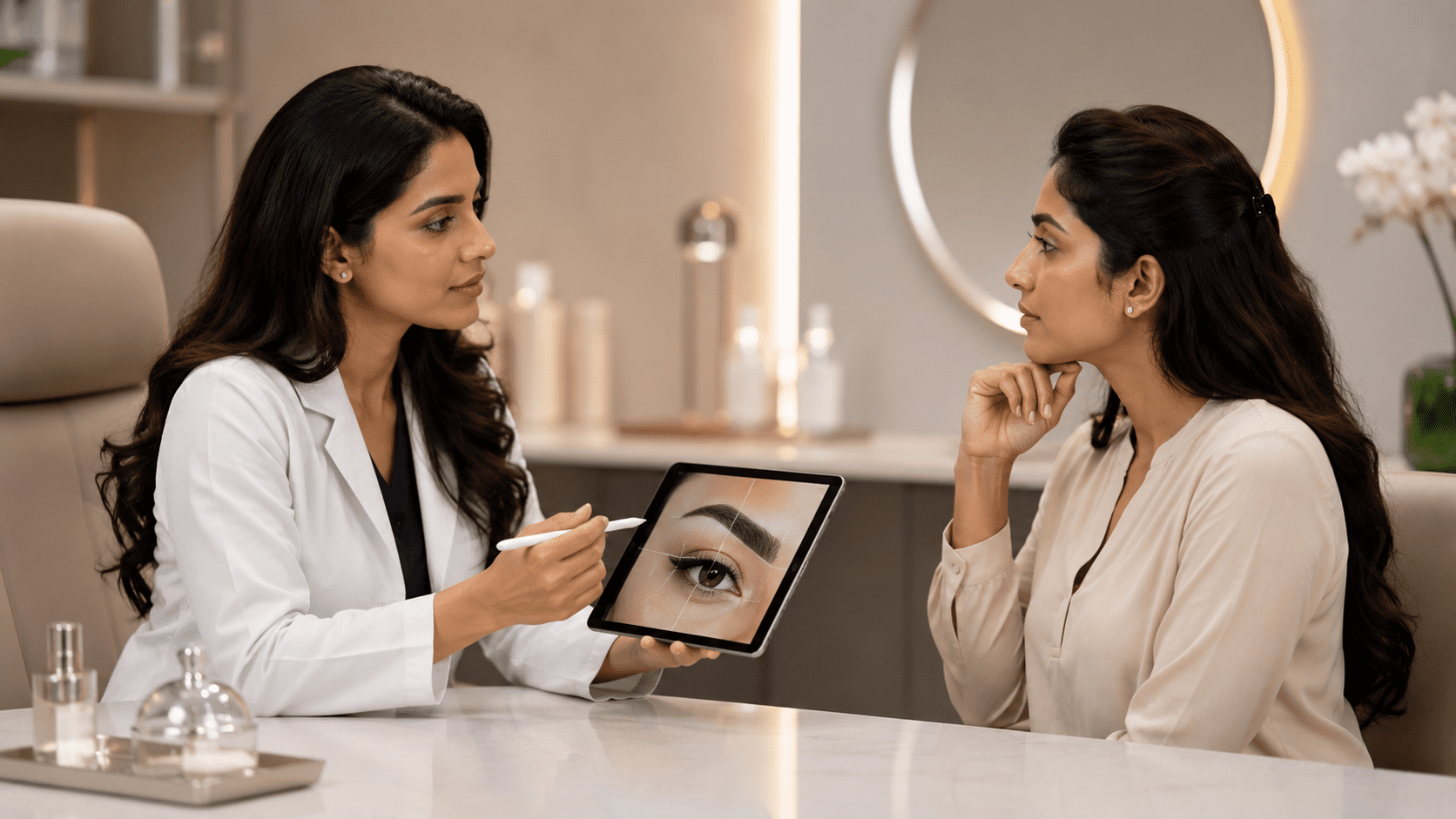 Doctor showing a patient a digital eyebrow design during consultation