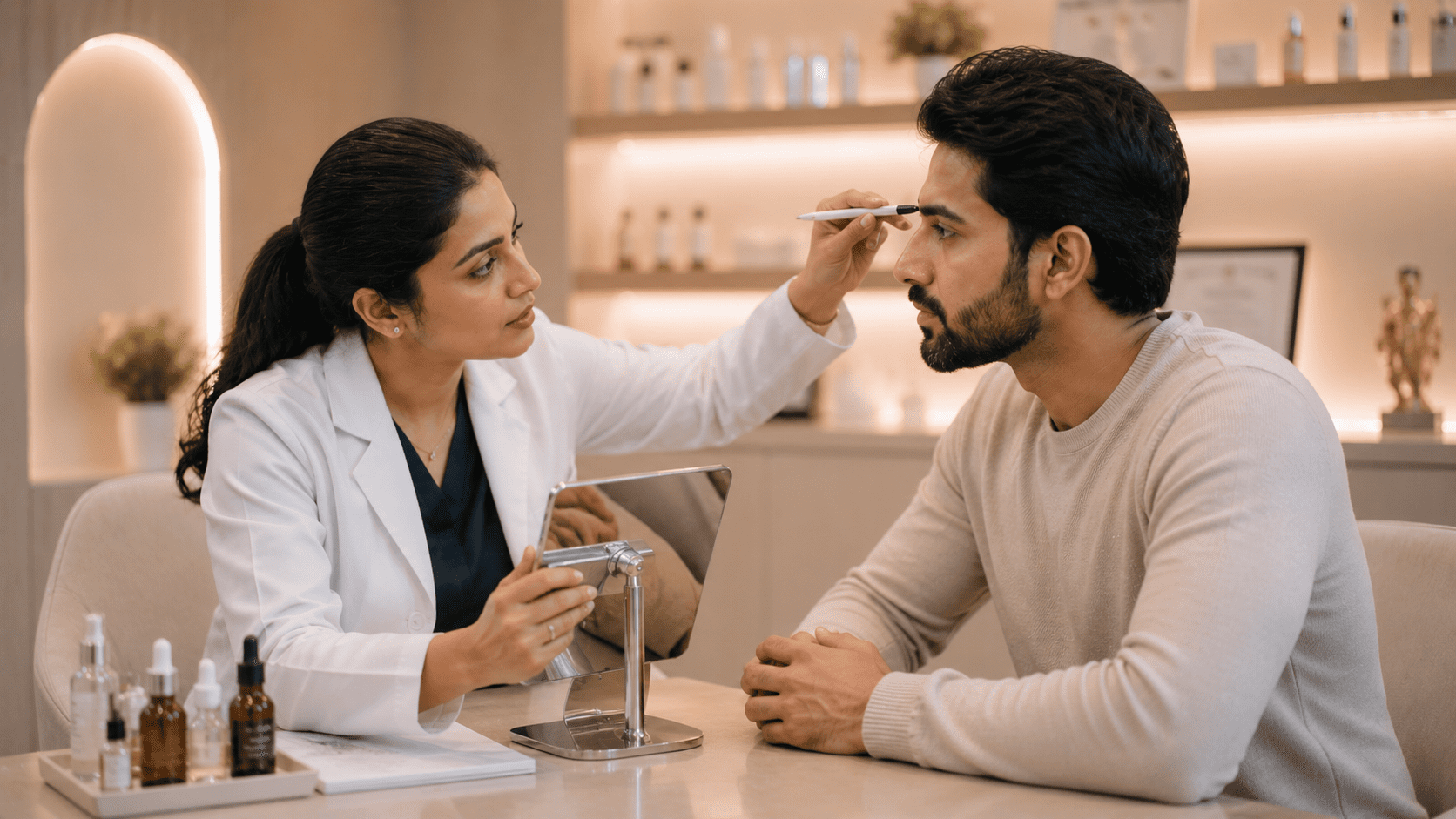 Doctor discussing achievable eyebrow density with a male patient using a mirror