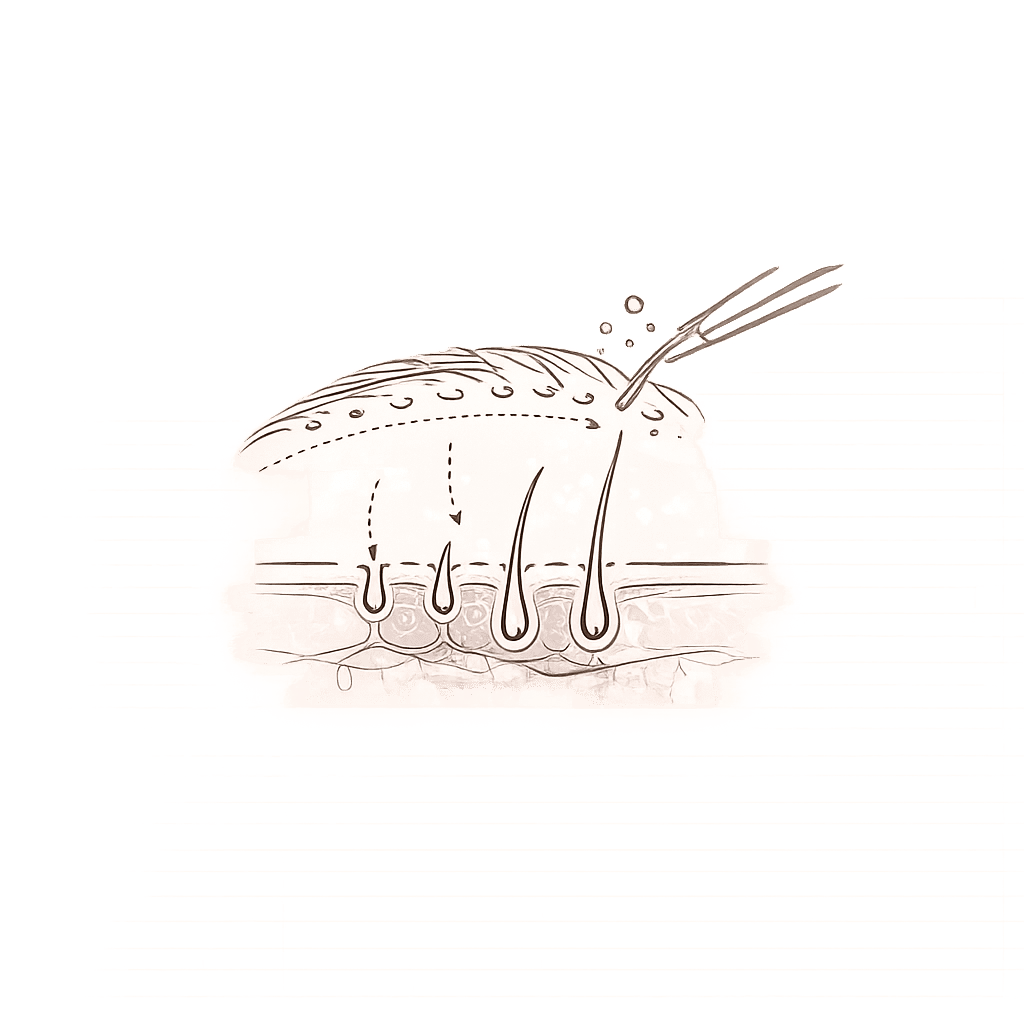 Line illustration of hair follicles and shafts emerging from the skin