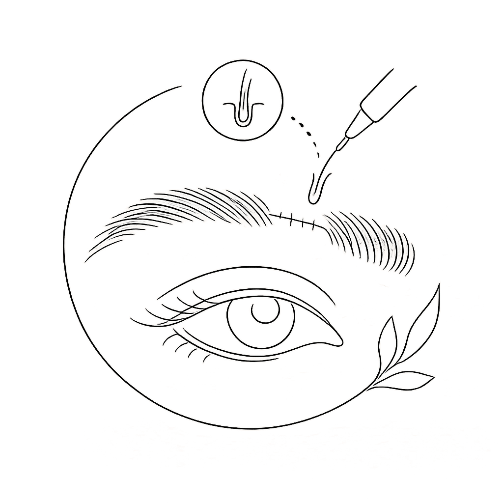 Line illustration of a hair transplant tool filling a scar gap in an eyebrow