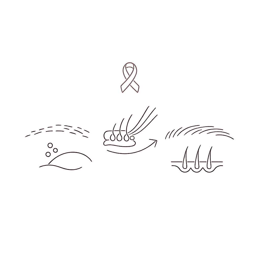 Ribbon icon above illustrations showing eyebrow hair loss progressing to regrowth