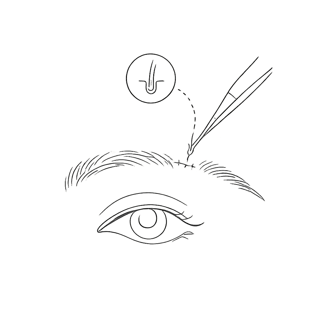 Line icon of forceps implanting a hair graft into a full eyebrow outline