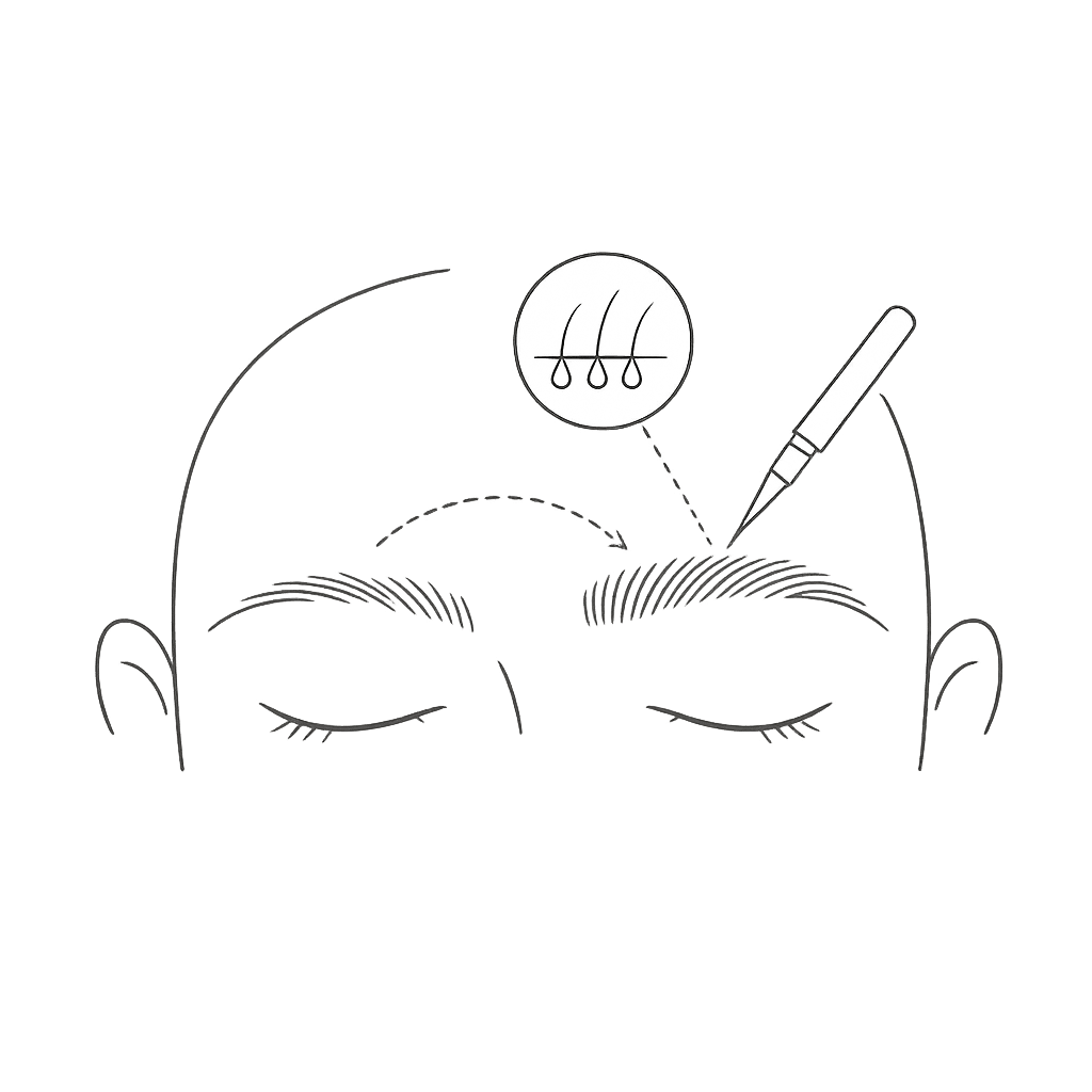 Line illustration of a face with a marking tool adjusting eyebrow density for symmetry