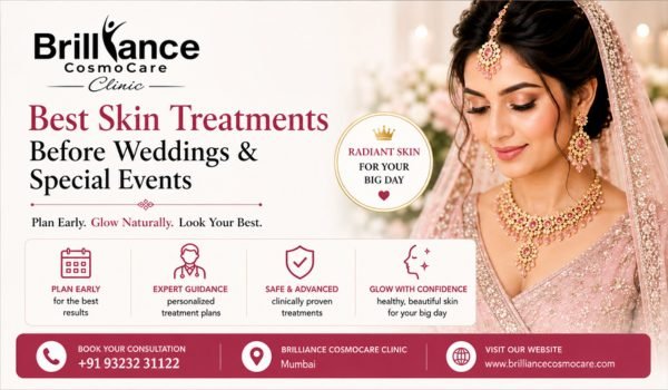 Bridal skincare treatment advertisement featuring a bride with glowing skin for weddings and special events