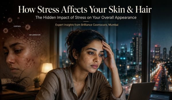 Woman showing signs of stress and tired skin while working late at night in a modern city apartment