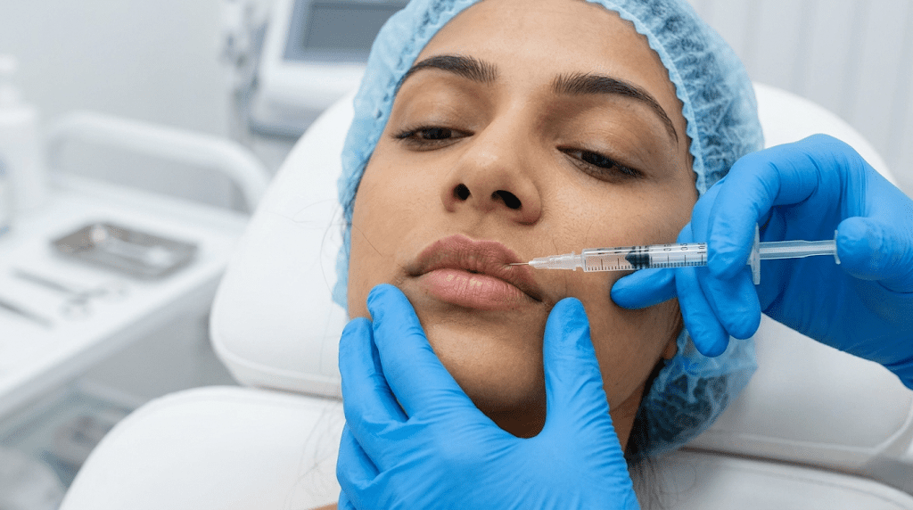 Practitioner injecting hyaluronic acid filler into a patient's upper lip