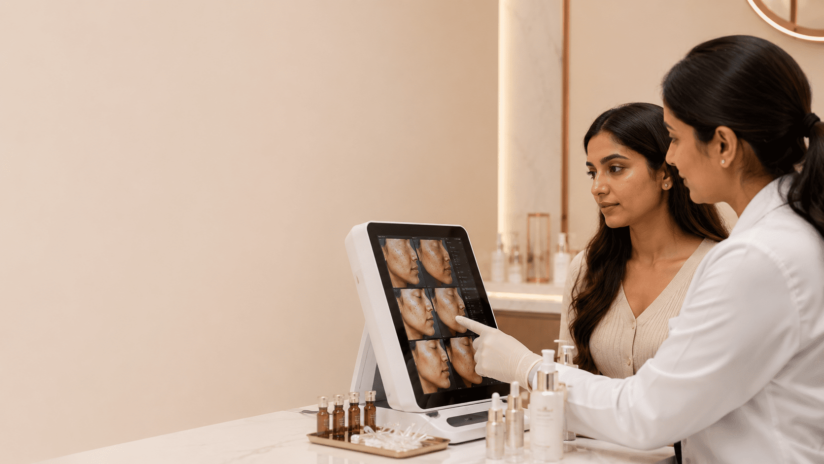 Female dermatologist showing before-and-after skin progress photos on a tablet to an Indian patient at a Mumbai clinic