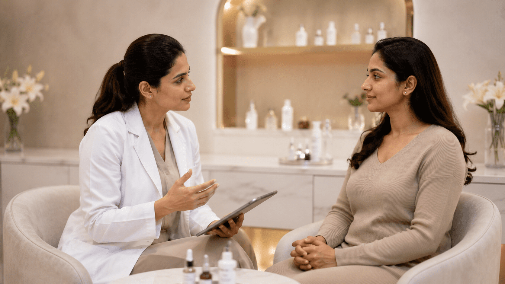 Pregnant woman representing a contraindication for chemical peel treatment requiring consultation before proceeding