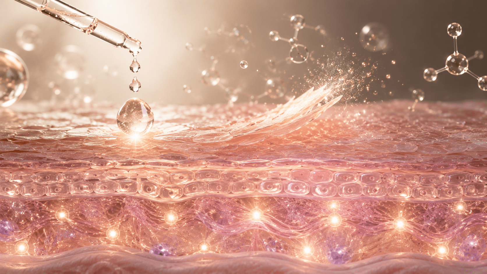Acid serum droplets on a skin cross-section illustrating the initial exfoliation phase after a chemical peel treatment