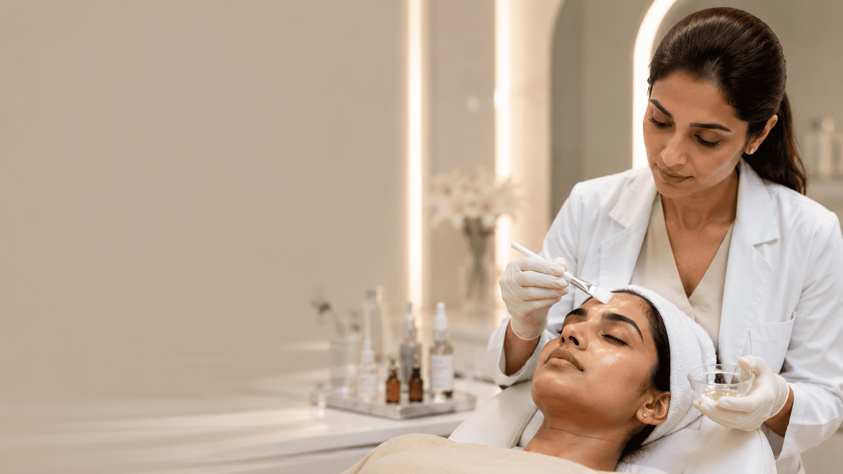Dermatologist applying physician-grade acid peel solution to patient's face with precise controlled technique