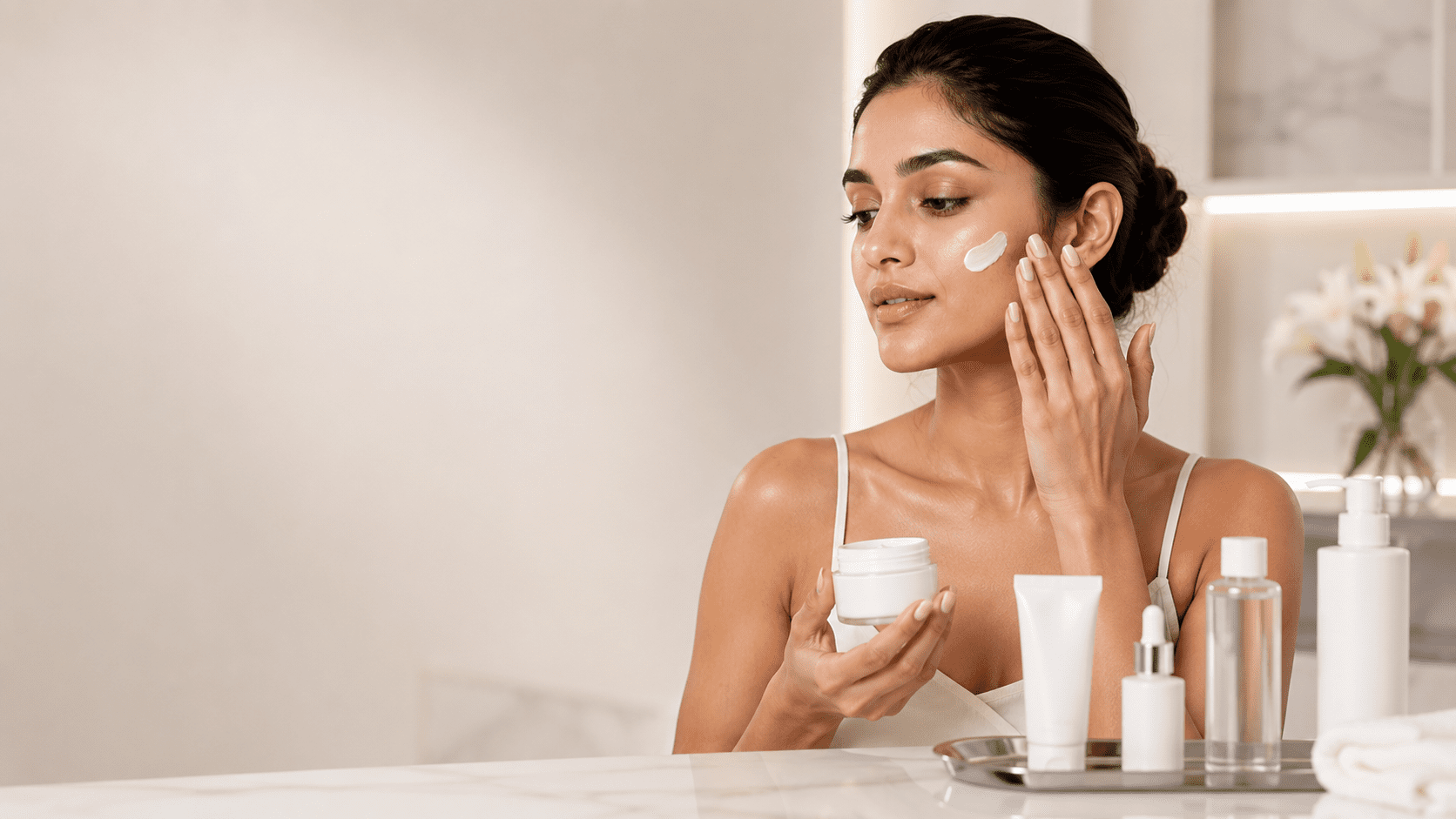 Patient applying medical-grade barrier cream and broad-spectrum SPF 50 sunscreen after chemical peel session