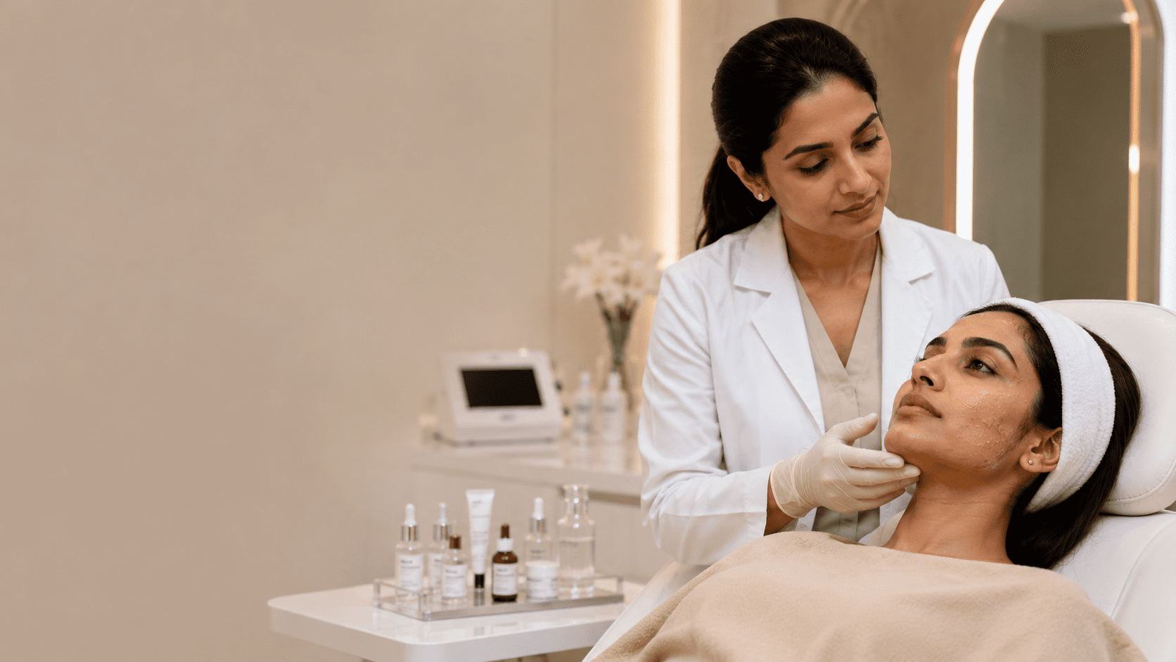 Dermatologist performing in-clinic chemical peel session, applying acid formulation to patient's face